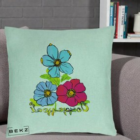 Perna Decorativa Trei Flori Grafice Pop Art, 40x40 cm, Verde Menta, Husa Detasabila, Perna Inclusa, BEKZ®