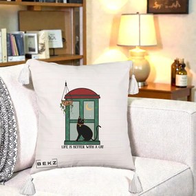 Perna Personalizata Life is Better with a Cat Geam, 40x40 cm, Bej cu Franjuri, Husa Detasabila, Perna Inclusa, BEKZ®