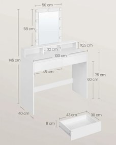 Masa de toaleta cu iluminare LED, 100 x 40 x 145 cm, PAL melaminat, alb, Vasagle