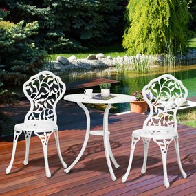 Outsunny Set pentru gradina 3 bucati din aluminiu alb cu design floral, 2 scaune pentru exterior 45x42x85.5 cm si masa rotunda Ø61x66.5 cm | AOSOM RO
