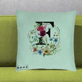 Cadou Personalizat - Perna Personalizata Monogram Litera F cu Flori Acuarela, 40x40 cm, Verde Menta, Husa Detasabila, Perna Inclusa, BEKZ®