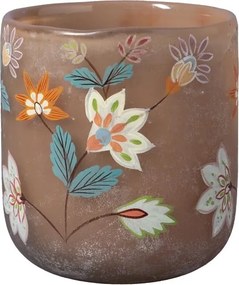 Suport lumânare din sticlă cu motive florale pictate manual, multicolor, finisaj mat, 9×8,5 cm, „Jardin"