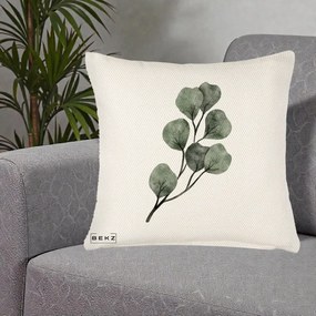 Perna Decorativa Ramura Eucalipt Acuarela, 40x40 cm, Crem Reliefat, Husa Detasabila, Perna Inclusa, BEKZ®