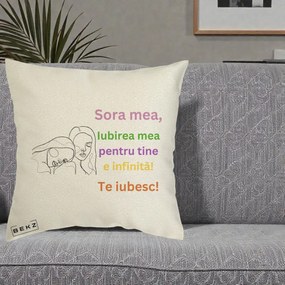 Cadou pentru Sora - Perna Personalizata Sora Mea Te Iubesc Line Art Fete Colorate Brate Ridicate, 40x40 cm, Ecru, Husa Detasabila, Perna Inclusa, BEKZ®