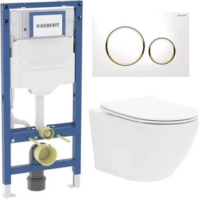 Rezervor WC cu cadru incastrat Geberit Duofix UP320 cu sistem de fixare, clapeta de actionare Sigma20 alb-auriu plus vas WC Rune Ivaldi alb cu capac softclose