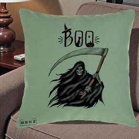 Perna Decorativa Halloween Boo Grim Reaper cu Coasa, 40x40 cm, Verde, Husa Detasabila, Perna Inclusa, BEKZ®
