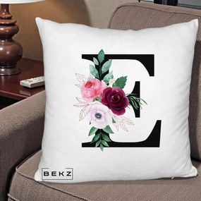 Cadou Personalizat - Perna Personalizata Monograma Florala Litera E, 40x40 cm, Alb Pufos, Husa Detasabila, Perna Inclusa, BEKZ®