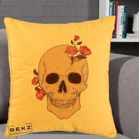 Perna Decorativa Craniu Floral Gothic, 40x40 cm, Galben, Husa Detasabila, Perna Inclusa, BEKZ®