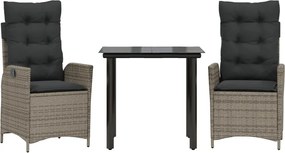 vidaXL Set mobilier de grădină cu perne, 3 piese, gri, poliratan