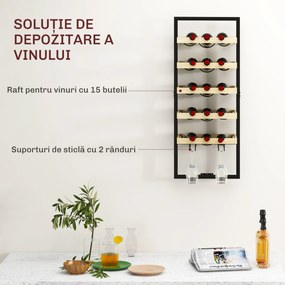 HOMCOM Raft de Perete pentru Sticle din Lemn și Oțel, Suport pentru 15 Sticle de Vin și 4 pahare, 35x25x86 cm, Natural | Aosom Romania