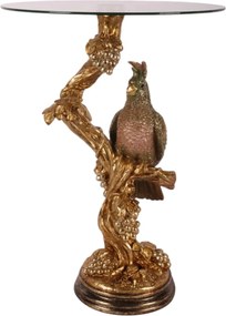 Măsuță laterală sculptată, auriu, cu bază în formă de papagal pe viță de vie și blat rotund din sticlă, 55 x 40 cm, „Héron”