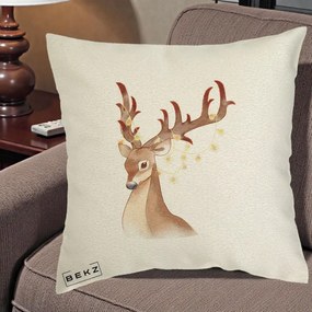 Perna Decorativa Ren cu Luminite de Craciun, 40x40 cm, Ecru, Husa Detasabila, Perna Inclusa, BEKZ®