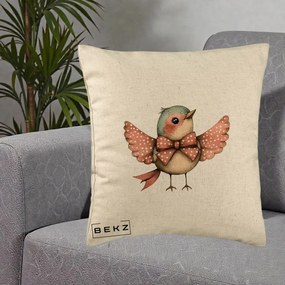Perna Decorativa Pasare Roz cu Aripi si Fundita, 40x40 cm, Bej, Husa Detasabila, Perna Inclusa, BEKZ®