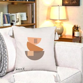 Perna Decorativa Geometric Bauhaus Boluri Portocaliu, 40x40 cm, Bej cu Franjuri, Husa Detasabila, Perna Inclusa, BEKZ®