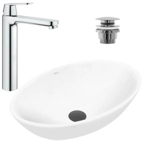 Pachet lavoar pe blat Rea Pamela alb 53 cm, baterie lavoar Grohe Eurosmart Cosmopolitan XL crom si ventil lavoar Click-Clack crom