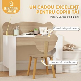 AIYAPLAY Set birou pentru copii cu sertar și scaun cu spătar ursuleț, 3-8 ani, culoare lemn | Aosom Romania