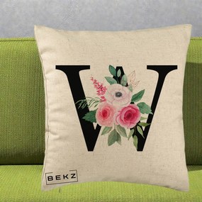 Cadou Personalizat - Perna Personalizata Monograma Florala Litera W cu Trandafiri si Anemona, 40x40 cm, Bej, Husa Detasabila, Perna Inclusa, BEKZ®