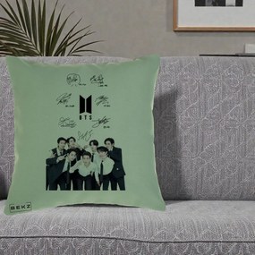 Perna Personalizata K-pop BTS Autografe Toti Membrii cu Fotografie, 40x40 cm, Verde, Husa Detasabila, Perna Inclusa, BEKZ®