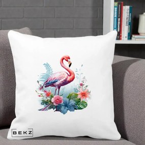 Perna Decorativa Flamingo cu Flori Tropicale Acuarela, 40x40 cm, Alba Mata, Husa Detasabila, Perna Inclusa, BEKZ®