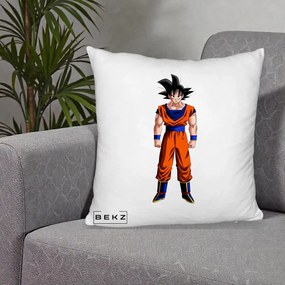 Perna Personalizata Dragon Ball Goku Complet in Gi Portocaliu, 40x40 cm, Alb Pufos, Husa Detasabila, Perna Inclusa, BEKZ®