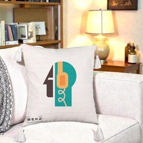 Perna Personalizata Retro Casti Muzicale, 40x40 cm, Bej cu Franjuri, Husa Detasabila, Perna Inclusa, BEKZ®