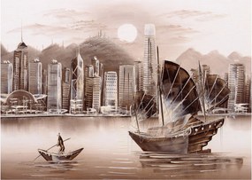 Tablou - Victoria Harbour, Hong Kong, efect sepia (70x50 cm)