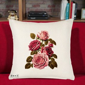 Perna Decorativa Trandafiri Vintage Roz-Rosii, 40x40 cm, Crem Reliefat, Husa Detasabila, Perna Inclusa, BEKZ®