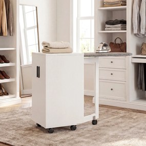 HOMCOM Mobilier pentru Masa de Călcat Pliabil cu Roți, Raft Reglabil și Închidere Soft Close, din Lemn și Material Textil, 128x43x83 cm, Alb | Aosom Romania