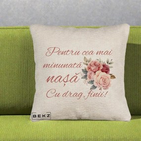 Cadou pentru Nasa - Perna Personalizata Pentru Cea mai Minunata Nasa Cu drag Finii, 40x40 cm, Bej Canapea, Husa Detasabila, Perna Inclusa, BEKZ®