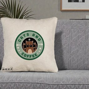 Perna Personalizata Cats and Coffee Starbucks, 40x40 cm, Bej Canapea, Husa Detasabila, Perna Inclusa, BEKZ®