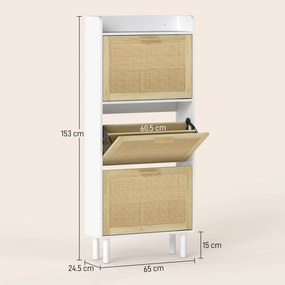 HOMCOM Dulap pentru pantofi 3 uși rabatabile etajeră efect rășină împletită design boem 65 x 24,5 x 153 cm alb | Aosom Romania