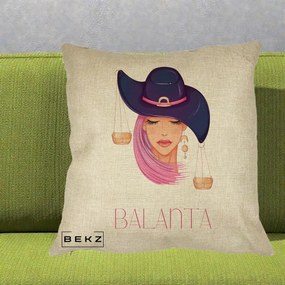 Perna Personalizata Zodiac Balanta Cowgirl, 40x40 cm, Crem, Husa Detasabila, Perna Inclusa, BEKZ®