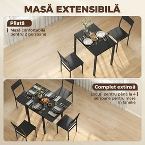 HOMCOM Set Masă și Scaune Dining 5 Piese Extensibil cu MDF și Metal, 80-120 cm, 4 Scaune Stivuibile, Negru | Aosom Romania