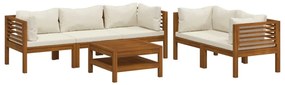 Set mobilier gradina cu perne crem, 6 piese, lemn masiv acacia Crem, 4x colt + mijloc + masa, 1