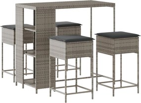 vidaXL Set mobilier bar de grădină, cu perne, 5 piese, gri, poliratan