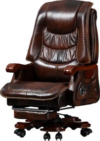 RESIGILAT- Scaun directorial din piele naturala si lemn masiv, Masaj in 9 puncte si Incalzire, rezistent 150 kg, Maro