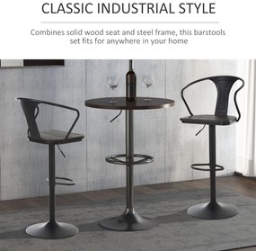 HOMCOM Set de 2 Scaune de Bar Moderne Scaun Pivotant Spatar Reglabil pe Inaltime din Lemn Metal 5 Roti Pivotante Robuste Negru