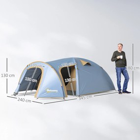 Outsunny Cort de camping pentru 4 persoane, cort tunel impermeabil cu 2 uși, cârlig, geantă de transport 3,45 x 2,4 x 1,3 m albastru deschis | Aosom Romania