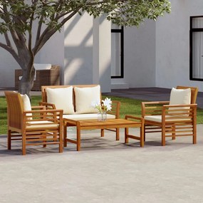 Set mobilier de gradina cu perne, 4 piese, lemn masiv de acacia Canapea cu 2 locuri + 2x fotoliu + masa, 1, Alb crem