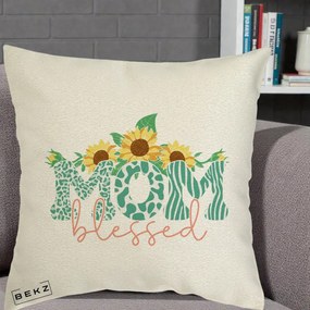 Cadou pentru Mama - Perna Personalizata Mom Blessed cu Floarea Soarelui Animal Print Teal, 40x40 cm, Ecru, Husa Detasabila, Perna Inclusa, BEKZ®