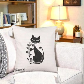 Perna Decorativa Pisica Neagra Grafica Minimalista, 40x40 cm, Bej cu Franjuri, Husa Detasabila, Perna Inclusa, BEKZ®