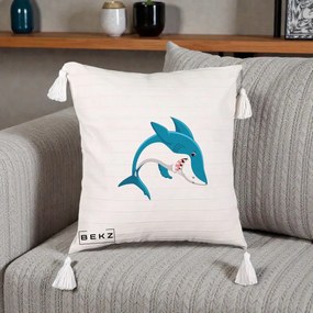 Perna Decorativa Rechin Albastru Cartoon, 40x40 cm, Bej cu Franjuri, Husa Detasabila, Perna Inclusa, BEKZ®