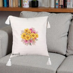 Perna Decorativa Floarea-Soarelui cu Cosmos Roz si Gypsophila, 40x40 cm, Bej cu Franjuri, Husa Detasabila, Perna Inclusa, BEKZ®