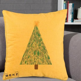 Perna Decorativa Brad de Craciun Acrilic Albastru, 40x40 cm, Galben, Husa Detasabila, Perna Inclusa, BEKZ®
