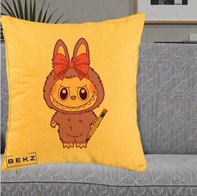 Perna Personalizata Labubu Mov cu Funda Rosie si Creion, 40x40 cm, Galben, Husa Detasabila, Perna Inclusa, BEKZ®