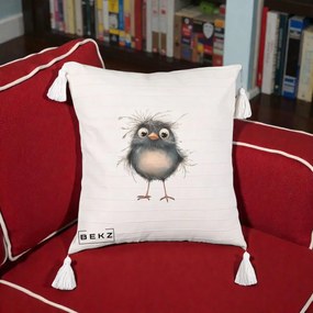 Perna Decorativa Pui Negru Zbarlit cu Pene Fine, 40x40 cm, Bej cu Franjuri, Husa Detasabila, Perna Inclusa, BEKZ®
