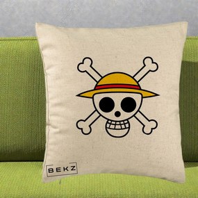 Perna Personalizata One Piece Jolly Roger Straw Hat Pirates, 40x40 cm, Bej, Husa Detasabila, Perna Inclusa, BEKZ®