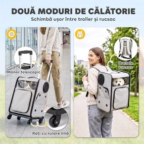 PawHut Transportor pentru Câini Și Pisici cu Roți, Mâner Telescopic, 2 Ferestre din Plasă, până la 5 kg, Gri | Aosom Romania