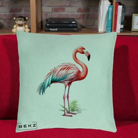 Perna Decorativa Flamingo Roz cu Pene Teal, 40x40 cm, Verde Menta, Husa Detasabila, Perna Inclusa, BEKZ®