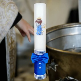 Lumanare botez decorata Ingeras albastru 4,5 cm, 30 cm